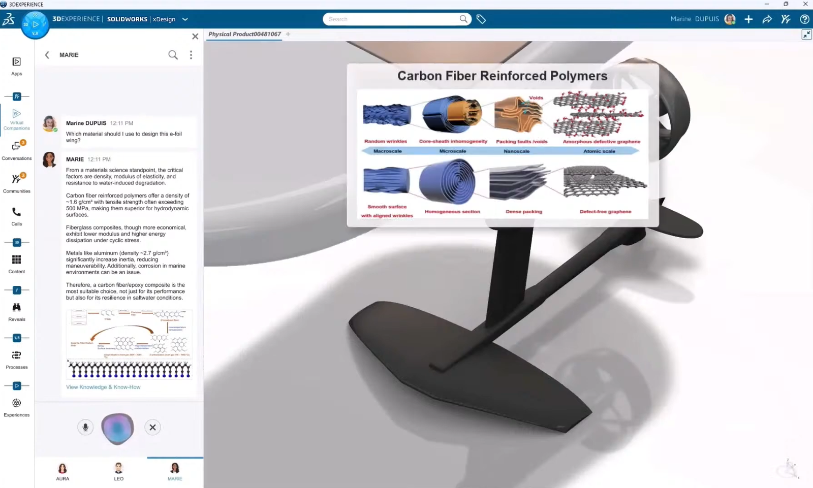 Marie answers the same question posed to Leo in the above image, but with response focused on materials science. (Image: Dassault Systèmes.)