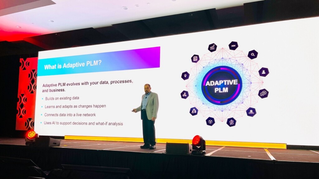 Igal Kaptsan highlighted Adaptive PLM as a capability for “what-if” scenario analysis and impact assessment, using semantic relationships to evaluate decisions before execution. (Image: Lionel Grealou)