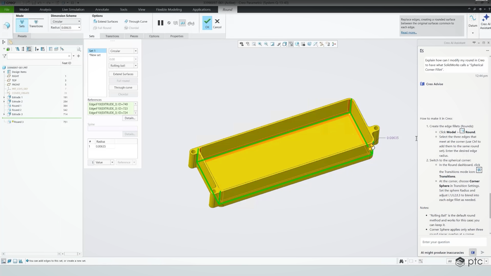 The new Creo AI Assistant providing product support. (Image: PTC).