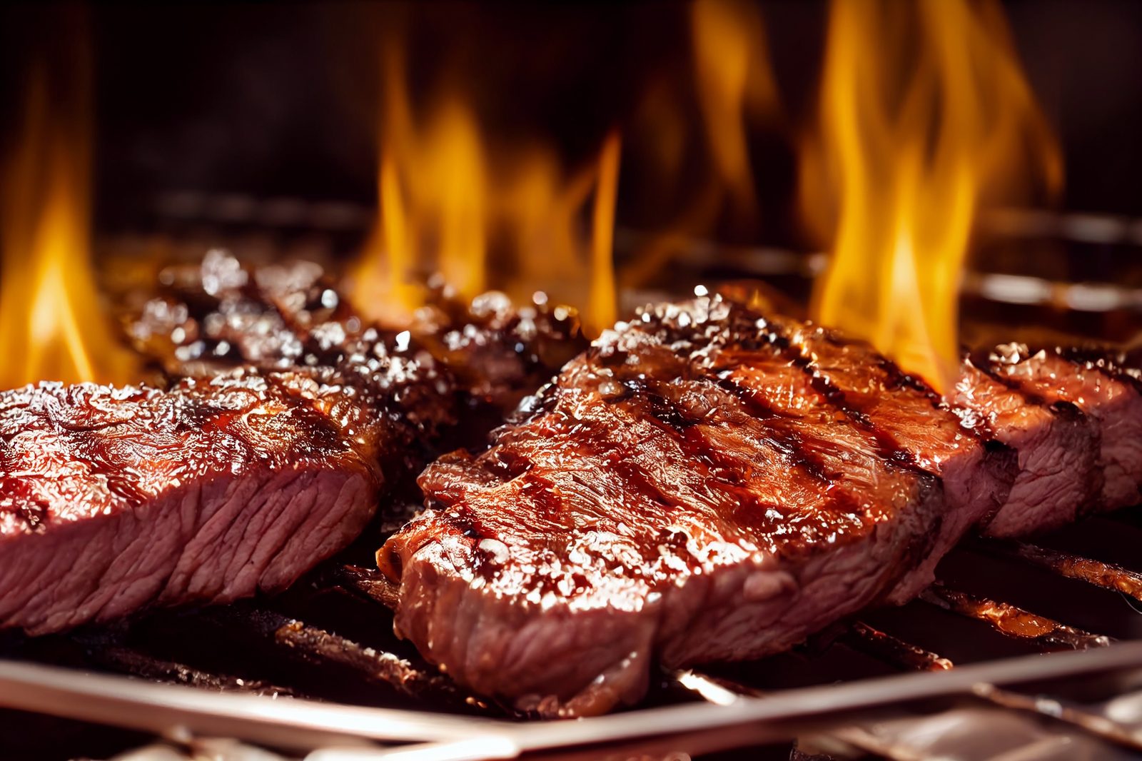 Steaks searing over open flames on a grill