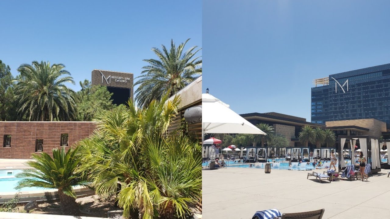 The M Resort pool deck with the resort tower in the background